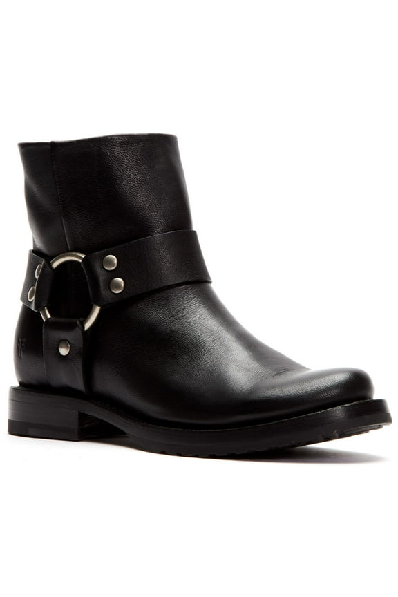 Womens Black 0.5" Platform Ring Hardware Detail Harness Strap Comfort Veronica Round Toe Block Heel Zip-Up Leather Booties 6 B