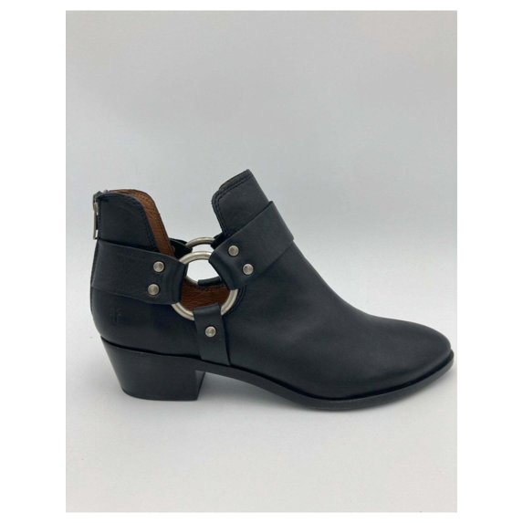 FRYE Womens Black O-Ring Detail Harness Straps Studded Ray Almond Toe Block Heel Zip-Up Leather Booties 7.5 M