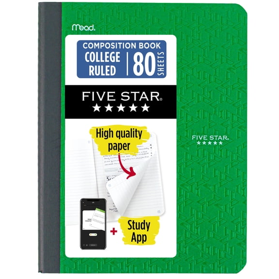 Five Star Composition Book Plus Study App, College Ruled, 80 Sheets, Poly, 7.5" x 9.75", Retro Green