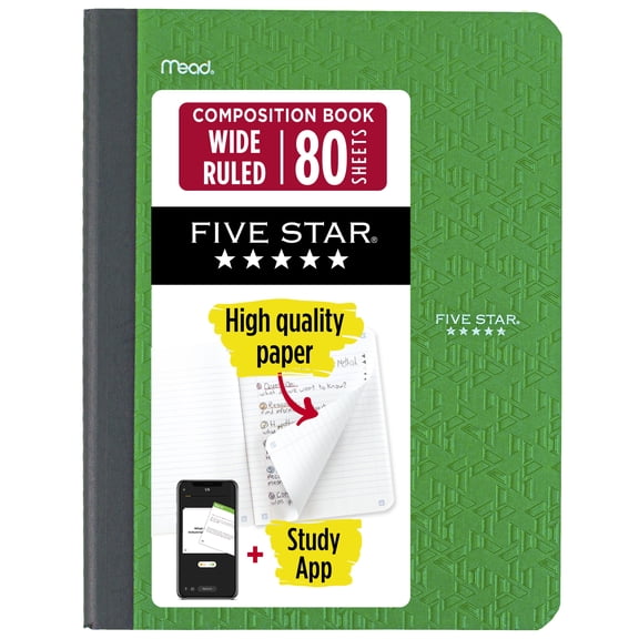 Five Star Composition Book Plus Study App, Wide Ruled, 80 Sheets, Poly, 7.5" x 9.75", Retro Green