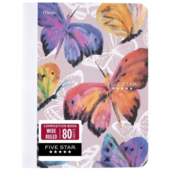 Five Star Composition Book Plus Study App, Wide Ruled, 80 Sheets, Poly, 7.5" x 9.75", Soft Butterfly