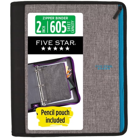 Five Star Color Pop 2-inch Zipper Binder with Pencil Pouch, 605 Sheet Capacity, Teal Blue and Gray