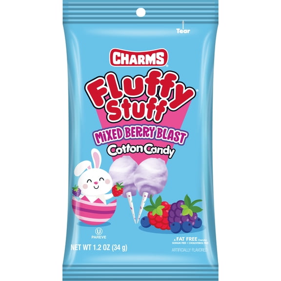 Fluffy Stuff, Berry Cotton Candy, 1.2 oz. Peanut Free, Gluten Free. No Known Allergies.
