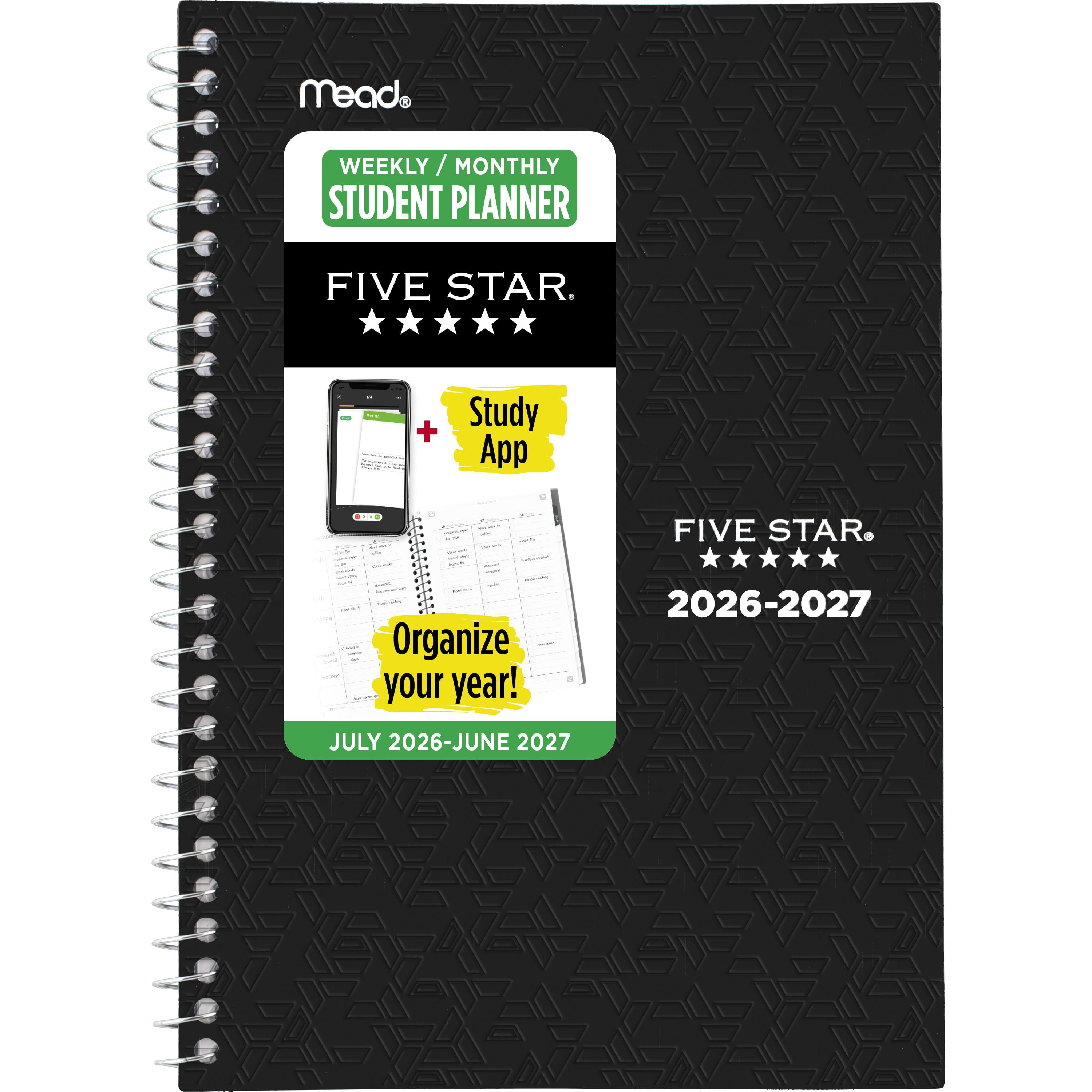 Five Star Black Weekly Monthly Student Planner With Study App 2026-2027