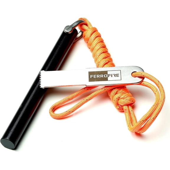 FS125 Heavy-Duty Plus Fire Starter - 1/2 Inch Thick x 5 Inch Long Ferrocerium Rod with Magnesium, Superb Carbon Alloy Steel Striker & 550 Paracord for Camping, Survival, Emergency Kits