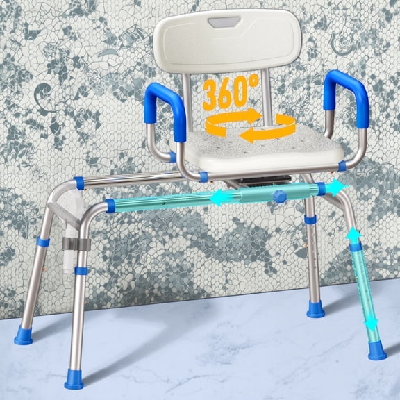 Bluelog Sliding Shower Chair, Extra-Wide 360° Swivel Seat Transfer Bench, Adjustable Height for Elderly & Disabled Inside Shower