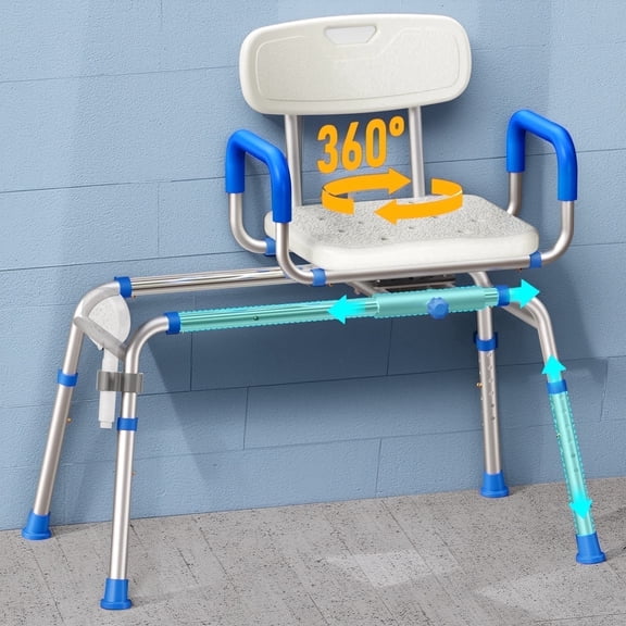 Bluelog Sliding Shower Chair, Extra-Wide 360° Swivel Seat Transfer Bench, Adjustable Height for Elderly & Disabled Inside Shower