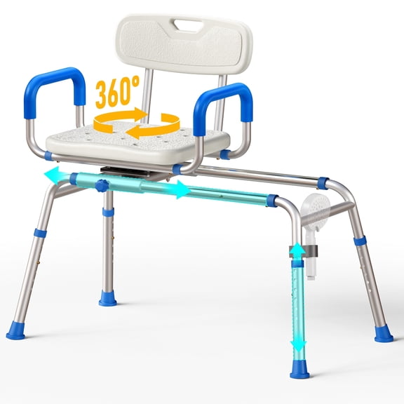 Bluelog Sliding Shower Chair, Extra-Wide 360° Swivel Seat Transfer Bench, Adjustable Height, for Elderly