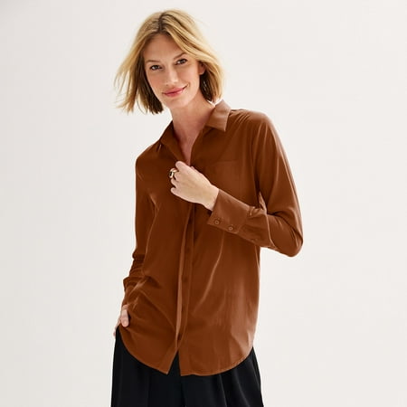 Women's Nine West Drapey Button Down Shirt Color: Bittersweet Cocoa Size: MEDIUM