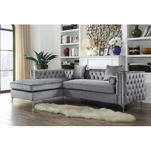 FSA2580 Monet Velvet Modern Contemporary Button Tufted with Silver Nailhead Trim Silvertone Metal Y-Leg Left Facing Sectional Sofa, Grey