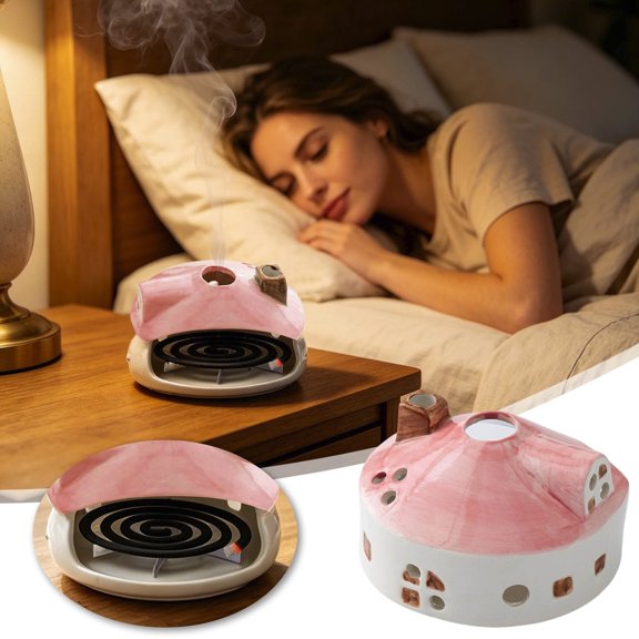 FSAGAE Ceramic Incense Coil Holder with Ash Catcher Mosquito Repellent Stand for Home Pink