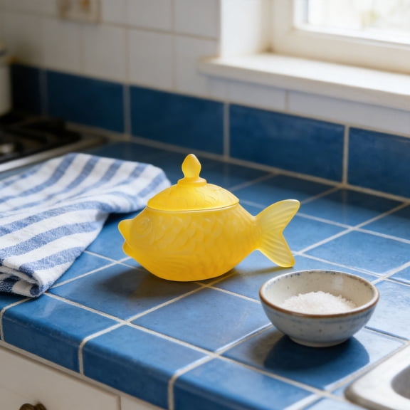 FSAGAE Cute Frosted Glass Candy Jar 3D Fish Shape Decorative Storage Container with Lid 6.1 x 4.13 x 2.95 Inch Yellow