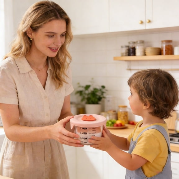 FSAGAE Glass Food Storage Container 230 ml with Silicone Lid Leakproof for Baby Food and Dressing Pink 10.5x10.5x7.5 cm`