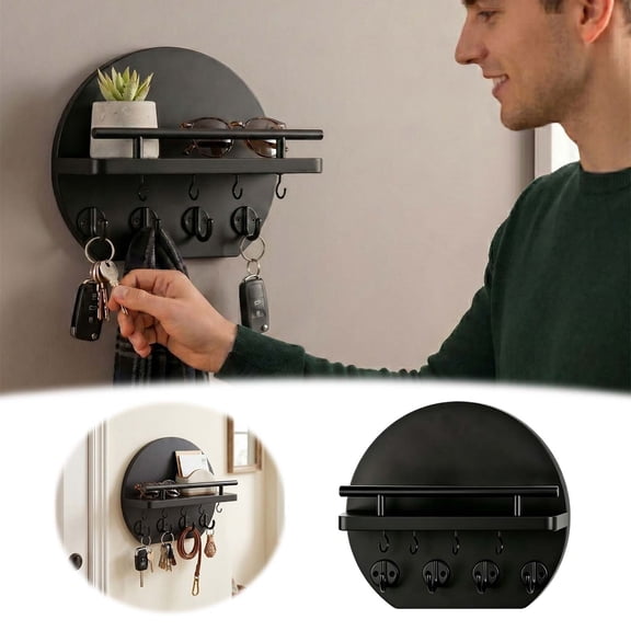 FSAGAE Heavy Duty Storage Rack Wall Mounted Semi Circular Shelf with Hooks for Keys and Small Items Black 9.8x8.9x3.5in