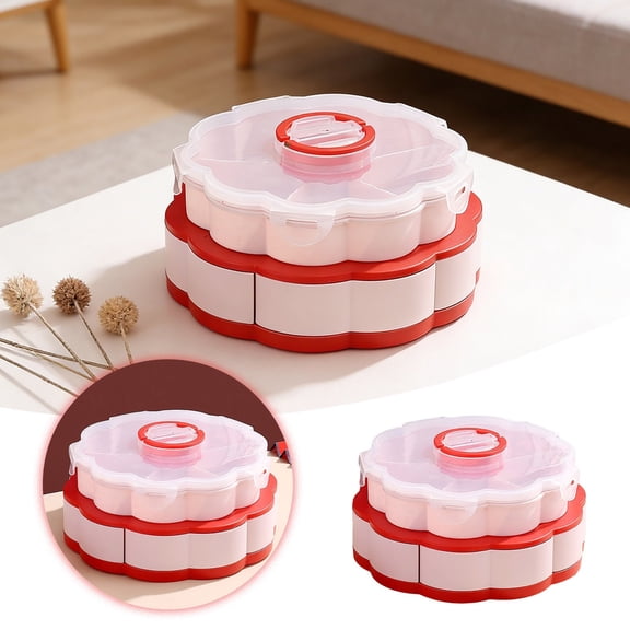 FSAGAE Rotating Snack Container 28 cm Divided Serving Tray with Lid for Veggies Fruits Dips and Party Appetizers White`