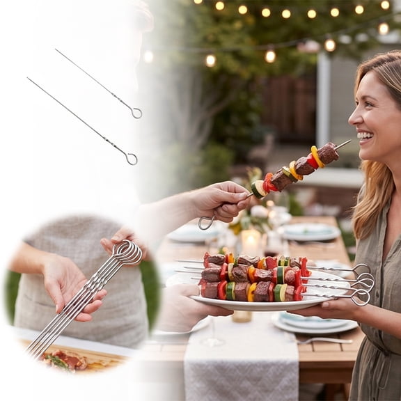 FSAGAE Round Hook Wavy Flat Skewers Stainless Steel Barbecue Forks for Kabobs 14in Silver