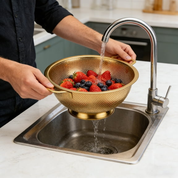 FSAGAE Stainless Steel Large Capacity Round Colander 2mm Fine Holes Rice Washing Basket Fruit and Vegetable Strainer with Handle Gold 25.5cm