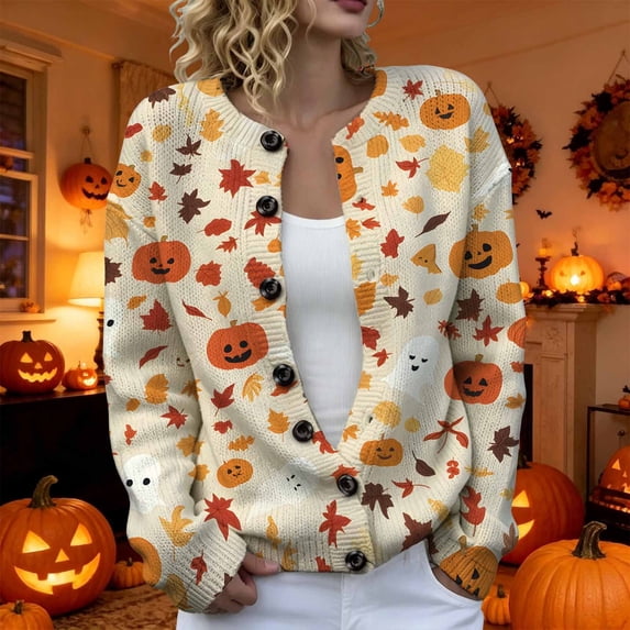 FSAGAE Women's Knit Cardigan Sweater Long Sleeve Button Down Pumpkin Graphic Print Beige XL Casual Fall Halloween Outerwear Top