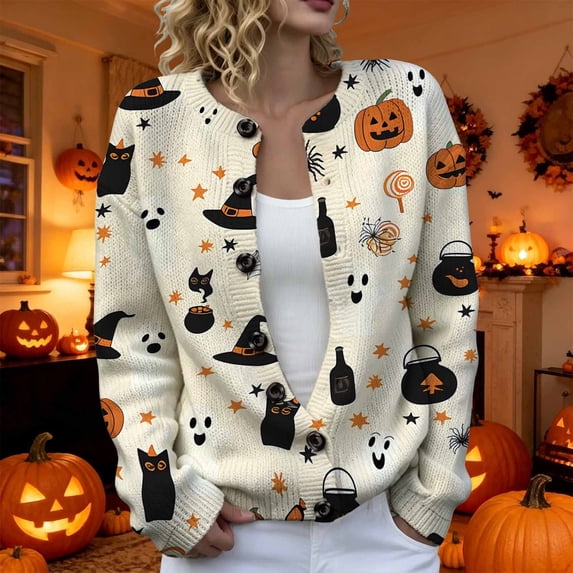 FSAGAE Women's Knit Cardigan Sweater Long Sleeve Button Down Pumpkin Graphic Print White S Casual Fall Halloween Outerwear Top