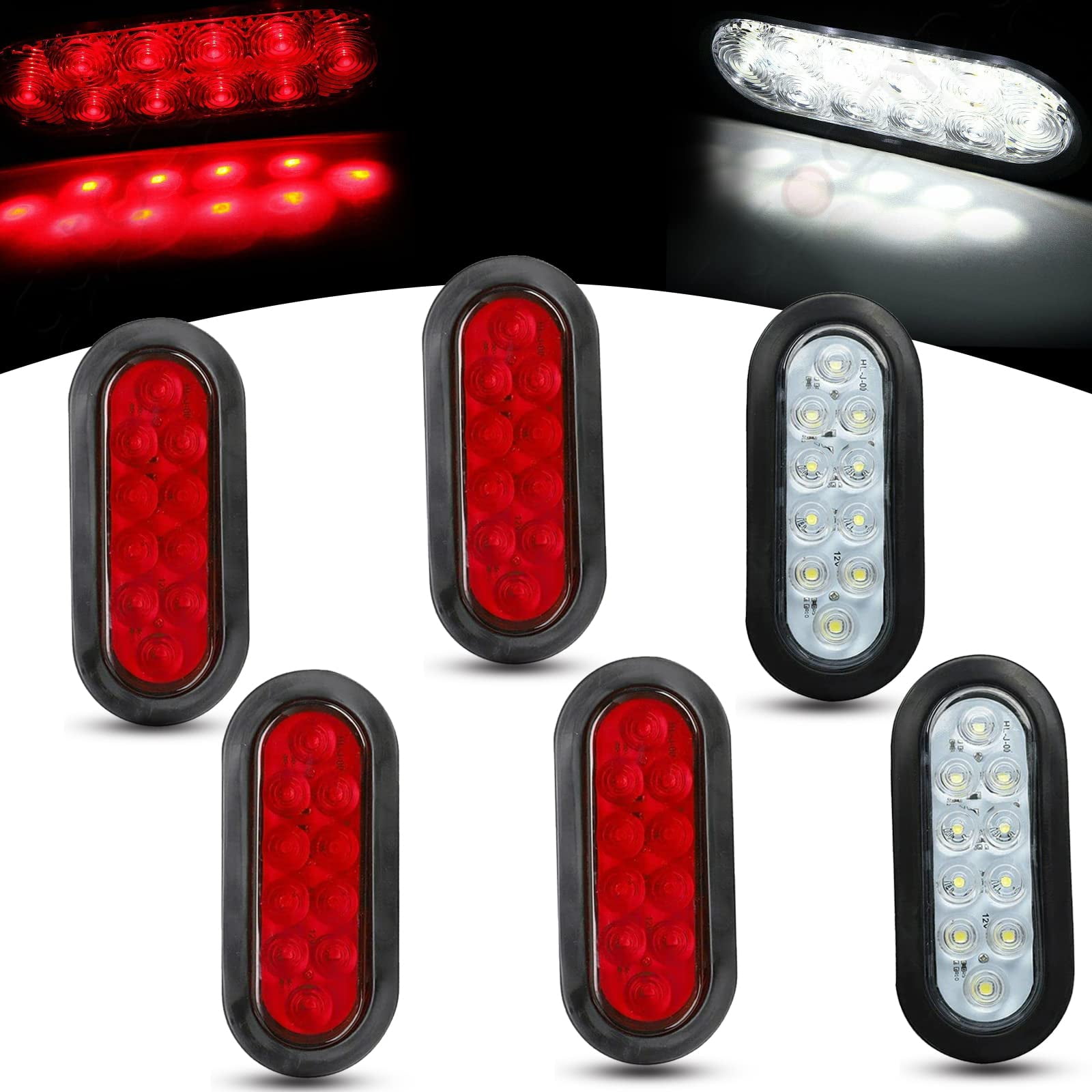 FSBCGT 4 Red + AIF4 2 White 6" Oval LED Trailer Tail Light Kit,10LED