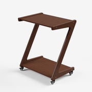 FSCHOS Z-Shape Solid Bamboo End Table with Casters, 2-Tier Desktop for Storage, Bedside Table for Bedroom, TV Snack Table for Living Room, Walnut