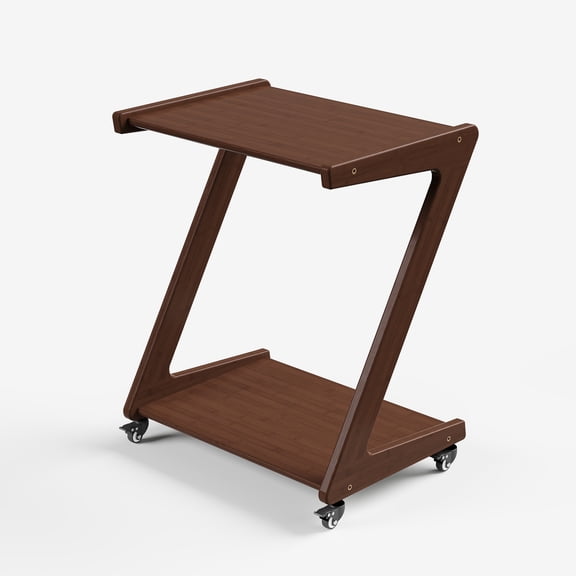 FSCHOS Z-Shape Solid Bamboo End Table with Casters, 2-Tier Desktop for Storage, Bedside Table for Bedroom, TV Snack Table for Living Room, Walnut