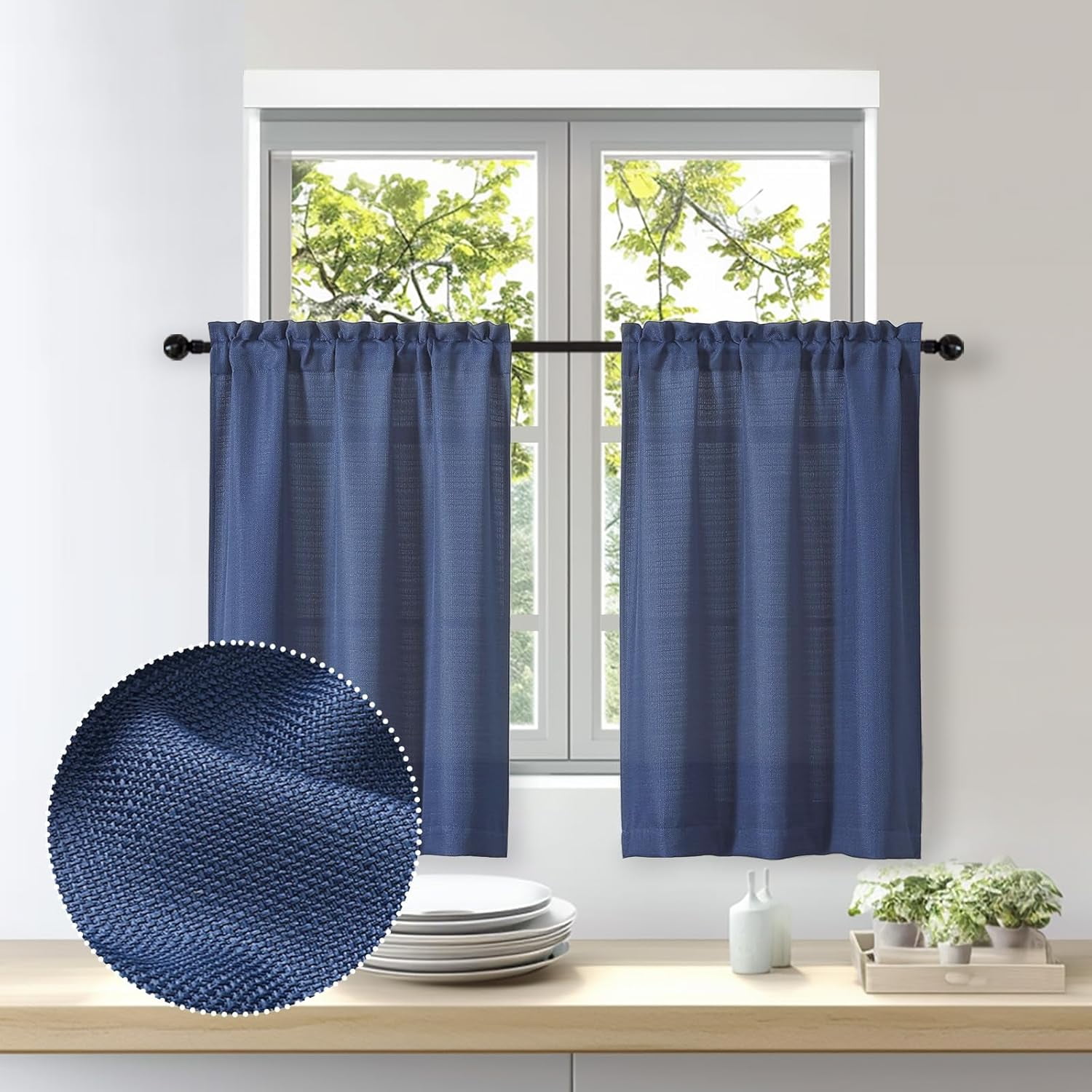 FSCIDA-Bob 2 Panels Blue Kitchen Curtains Sets for Windows 36 Inch ...