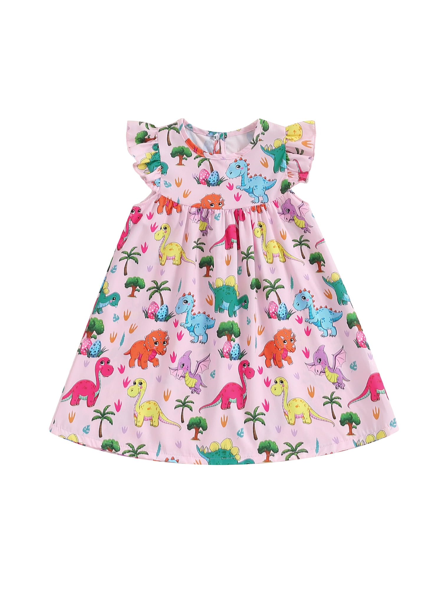 FSDJHSDH Baby Girl Summer Dress Fly Sleeve Round Neck Dinosaur Print