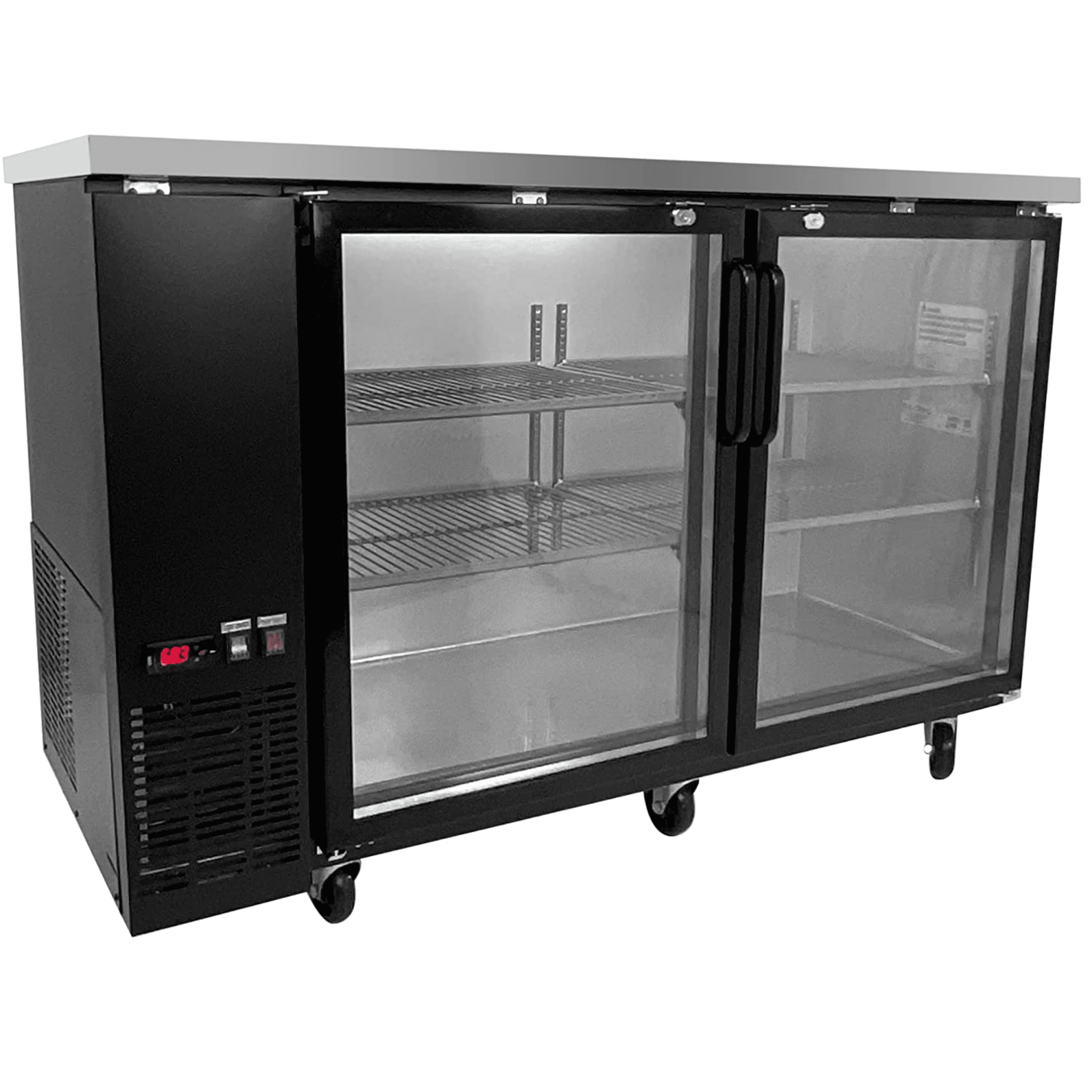 FSE 60 Inch Narrow Bar Back Refrigerator Cooler, Counter Height with Two Swing Glass Doors, LED Lighting, Stainless Steel Top, Black, 115v,MBB-6024G