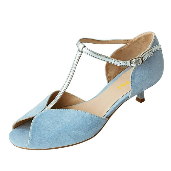 FSJ Women Adorable Kitten Low Heel D'Orsay Pumps T-Strap Peep Toe Ankle Strap Sandals Vintage Dance Dress Shoes Size 11 Blue