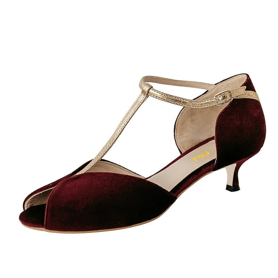 FSJ Women Adorable Kitten Low Heel D'Orsay Pumps T-Strap Peep Toe Ankle Strap Sandals Vintage Dance Dress Shoes Size 4 Wine