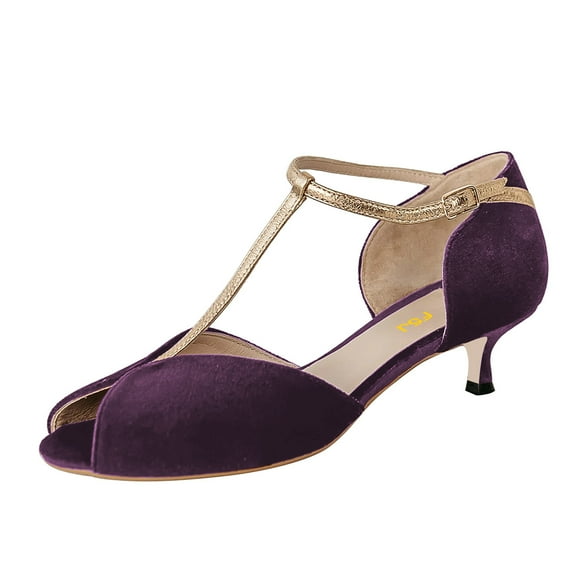 FSJ Women Adorable Kitten Low Heel D'Orsay Pumps T-Strap Peep Toe Ankle Strap Sandals Vintage Dance Dress Shoes Size 8 Purple