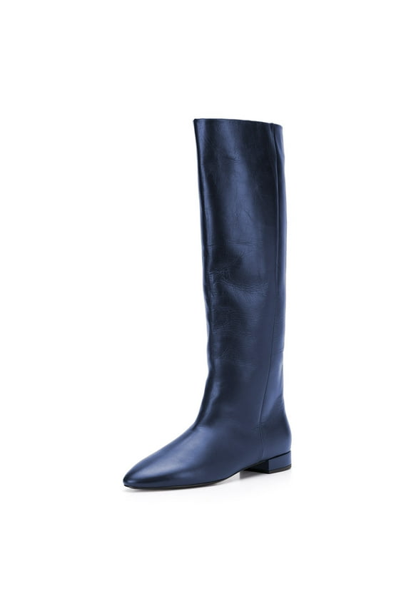 Women Almond Closed Toe Knee High Boots Flat Low Heel Stretchy Pull On Long Boots Comfort Fall Winter Walking Shoes Size 8 Navy
