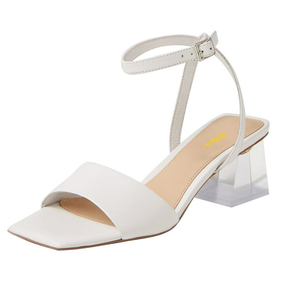 FSJ Women Ankle Strap Square Open Toe Pumps Strappy Clear Chunky Block Low Heeled Sandals Comfort Daily Work Party Dress Shoes Size 5 White
