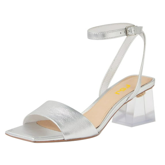 FSJ Women Ankle Strap Square Open Toe Pumps Strappy Clear Chunky Block Low Heeled Sandals Comfort Daily Work Party Dress Shoes Size 7.5 Silver
