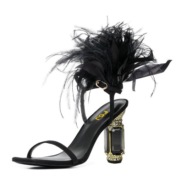 FSJ Women Ankle Strap with Feather Back Square Open Toe Sandals Crystal Chunky Block High Heel Pumps Fashion Wedding Party Shoes Size 8 Black