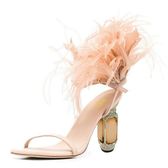 FSJ Women Ankle Strap with Feather Back Square Open Toe Sandals Crystal Chunky Block High Heel Pumps Fashion Wedding Party Shoes Size 9.5 Pink