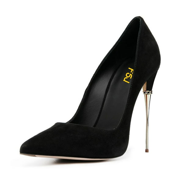 FSJ Women Basic Pointed Closed Toe Slip On Pumps Metal Slim Stiletto High Heels Wedding Daily Wear Fashion Dress Slide Shoes Size 12 Black