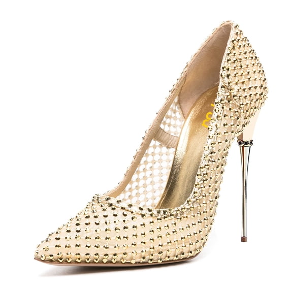FSJ Women Basic Pointed Closed Toe Slip On Pumps Metal Slim Stiletto High Heels Wedding Daily Wear Fashion Dress Slide Shoes Size 13 Gold
