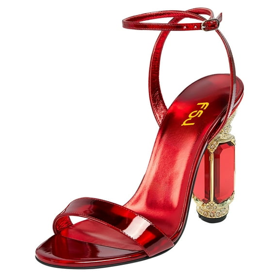 FSJ Women Bling Crystal Block Chunky High Heels Buckle Ankle Strap Sandals Single Strap Round Open Toe Pumps Wedding Party Shoes Size 15 Red