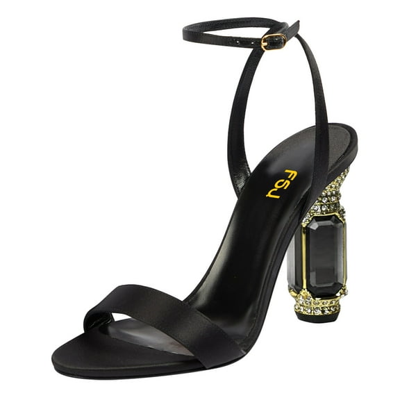 FSJ Women Bling Crystal Block Chunky High Heels Buckle Ankle Strap Sandals Single Strap Round Open Toe Pumps Wedding Party Shoes Size 8 Black Satin