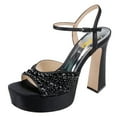 thumbnail image 1 of FSJ Women Bling Rhinestones Ankle Buckle Strap Sandals Chunky Platform Heels Pumps Square Open Toe Wedding Dress Shoes Size 6 Black, 1 of 5
