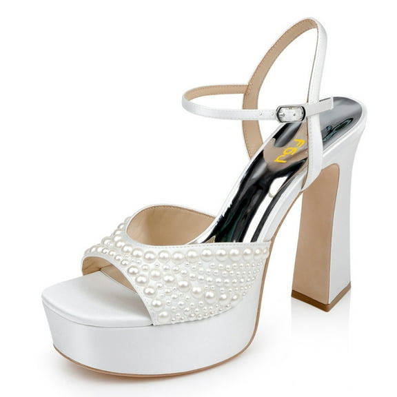 FSJ Women Bling Rhinestones Ankle Buckle Strap Sandals Chunky Platform Heels Pumps Square Open Toe Wedding Dress Shoes Size 6 White