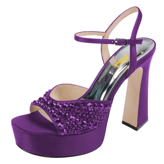 FSJ Women Bling Rhinestones Ankle Buckle Strap Sandals Chunky Platform Heels Pumps Square Open Toe Wedding Dress Shoes Size 7 Purple