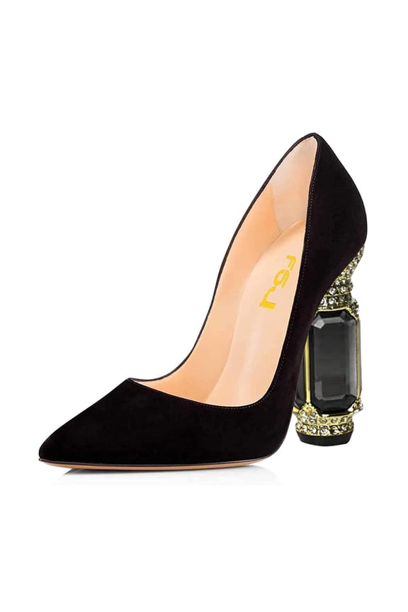 Women Bridal Pointed Toe Chunky High Heel Crystal Pumps Slip on Wedding Thick Comfort Wear Shoes Size 10 Black Suede