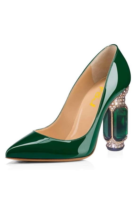 Women Bridal Pointed Toe Chunky High Heel Crystal Pumps Slip on Wedding Thick Comfort Wear Shoes Size 7 Green