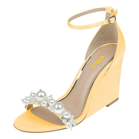 FSJ Women Bridal Round Open Toe Sandals Pearl Wedding Wedges Heel Buckle Ankle Strap Comfortable Evening Pump Shoes Size 15 Yellow