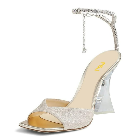 FSJ Women Bridal Square Open Toe Rhinestone Chunky High Heel Sandals Crystal Chain Adjustable Strap Pumps Summer Prom Party Wedding Shoes Size 10.5 Glitter