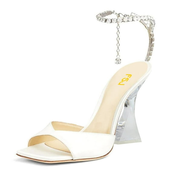 FSJ Women Bridal Square Open Toe Rhinestone Chunky High Heel Sandals Crystal Chain Adjustable Strap Pumps Summer Prom Party Wedding Shoes Size 10 White