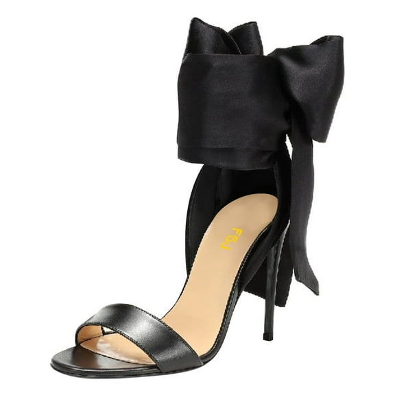 FSJ Women Bridals Round Open Toe Back Bowknot Sandals Lace-up Satin Stiletto High Heel Ankle Strap Sandals Wedding Dressy Shoes Size 12 Black